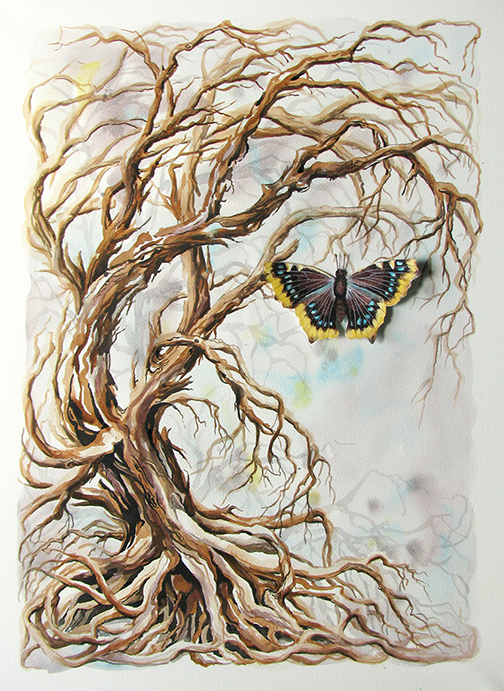 Rooted in Mourning bare tree with roots and butterfly